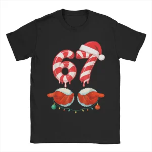 Funny Six Seven 67 Christmas Candy Cane Men T Shirts Casual Tees Short Sleeve Round Collar T-Shirt Cotton Graphic Clothing